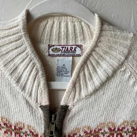 Vintage Tiara ramie cotton blend zip-per cardigan Fair Isle icelandic nordic M - Picture 3 of 11